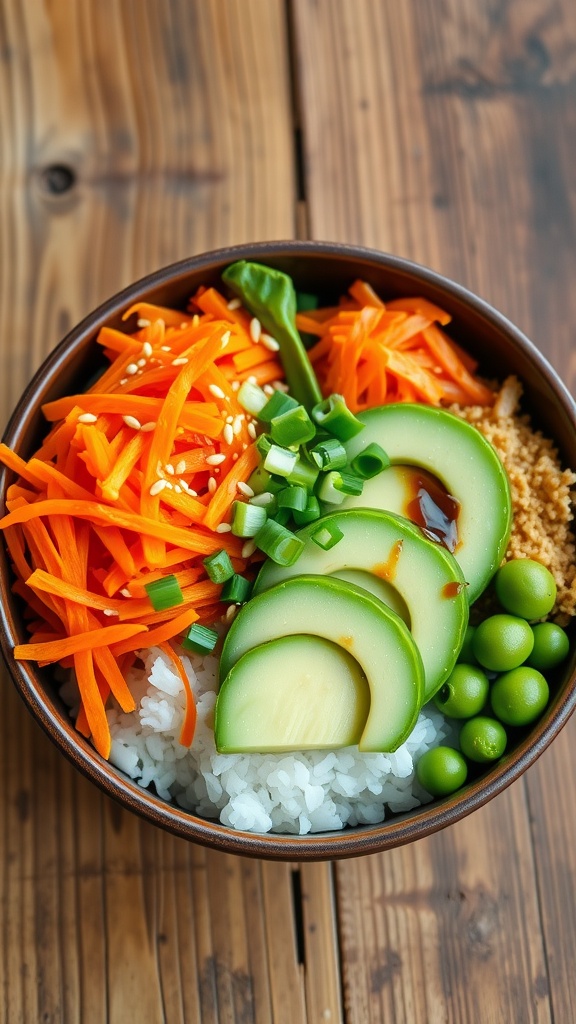 A delicious sushi bowl with rice, cucumbers, carrots, avocado, edamame, and shrimp, garnished with sesame seeds and green onions.